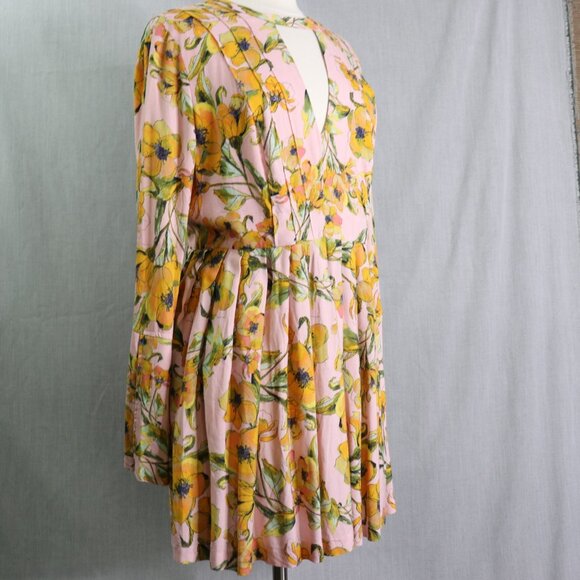 Free People Tegan Mini Dress 12 Pink Orange Floral Long Bell Sleeve V-Neck Pleat - Picture 7 of 16